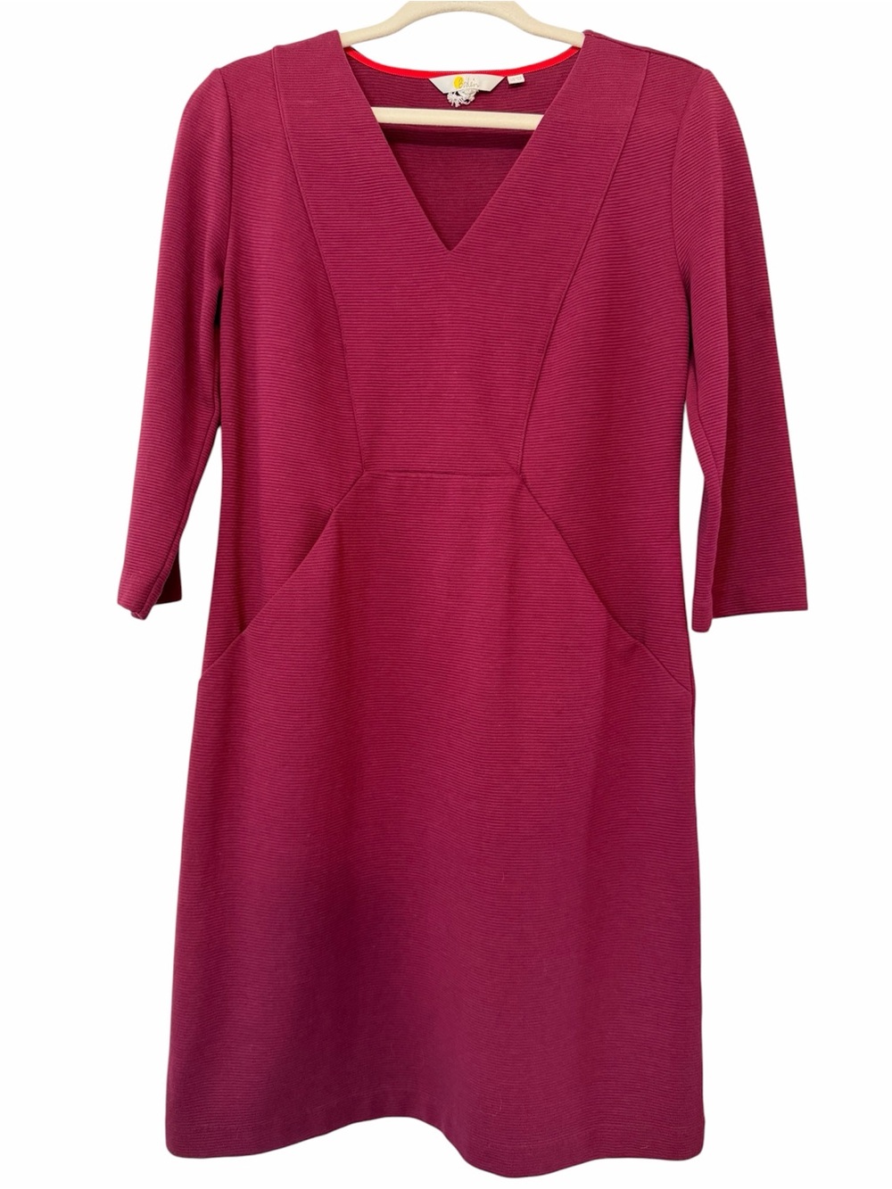 Boden Bronte Ottoman Dress Size 6P Berry Burgundy 3/4 Sleeves Pockets Vneck - Picture 2 of 10